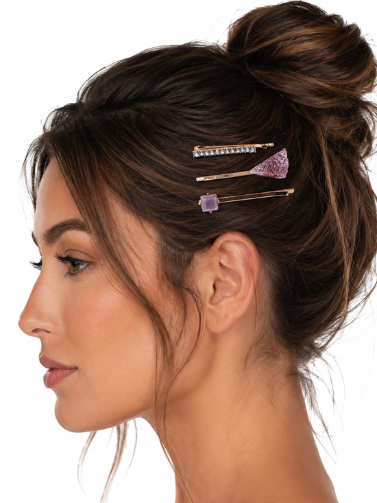 Anthropologie Accessories - NEW - 3pc Set Gold Rhinestone & Amethyst Crystal Stone Bobby Pins Hair Clips